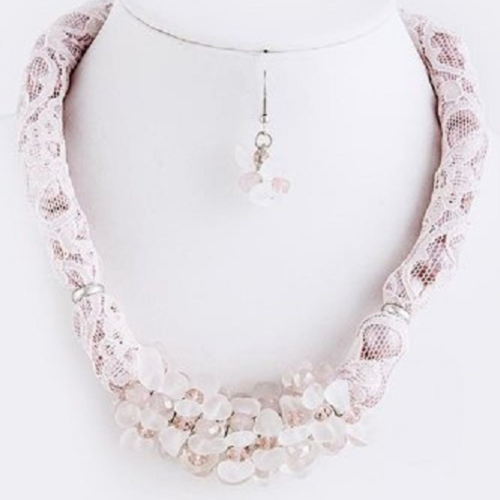 New Pink Stone Cluster Lace Necklace Set